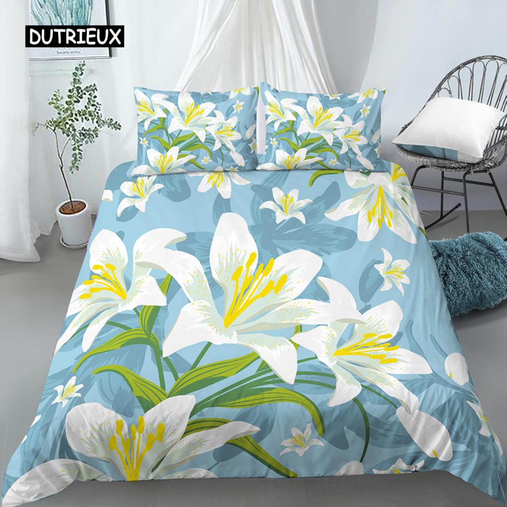 Blätter und Blumen Bettbezug-Set King Size Palmblätter Rosa Blumendruck Steppdeckenbezug für Mädchen Jungen Polyester 2/3-teiliges Bettwäscheset