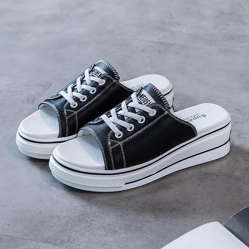 Leather slippers women's summer new fashion casual versatile open-toed fake lace-up platform slippers