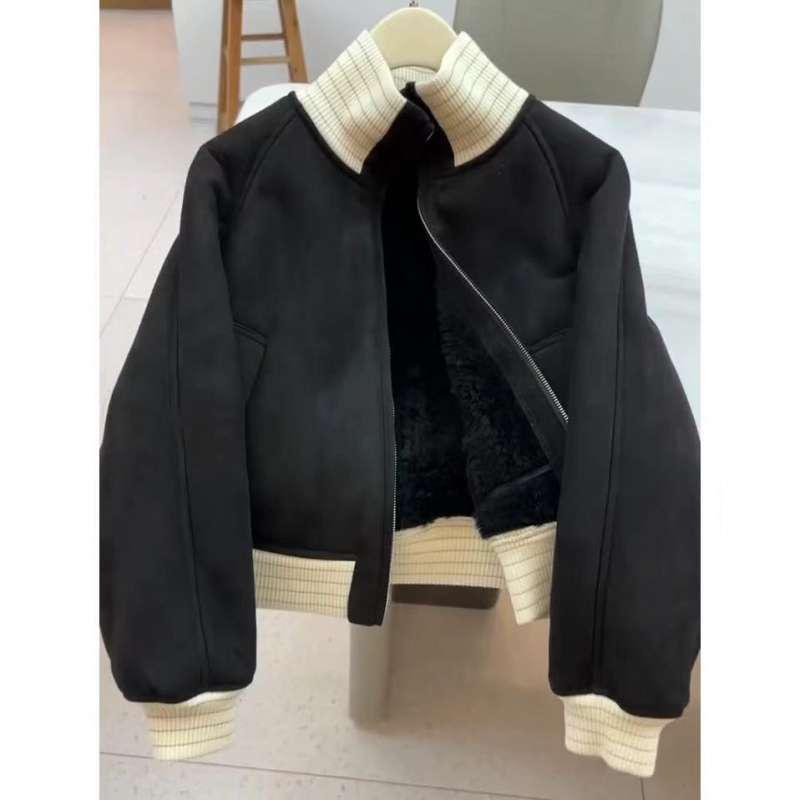 Women's Plus Velvet Stand Collar Jacket - 2026 Autumn/Winter Fashion, Loose Fit, Faux Lambswool Fleece