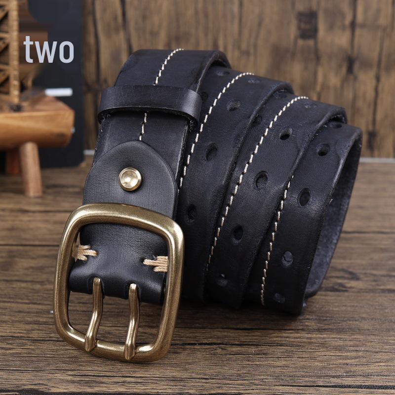 Vintage Style Double-Stitched Copper Buckle Men's Genuine Leather Belt