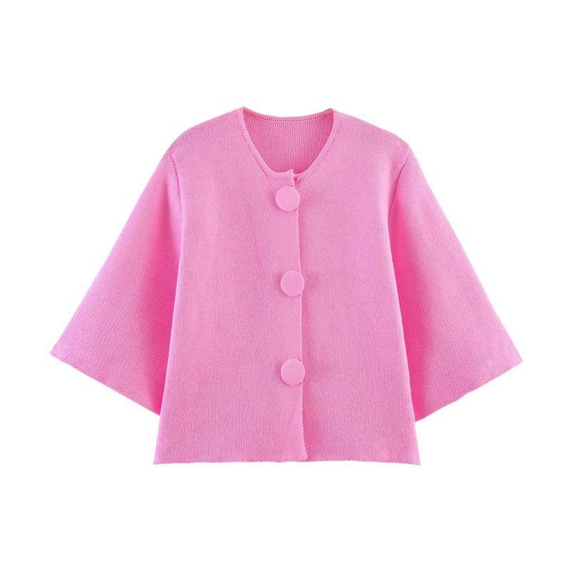 Women Fashion Brown Button Decoration Knitted Sweater Vintage Short Sleeves Female Leisure Lady Sweaters Y2k