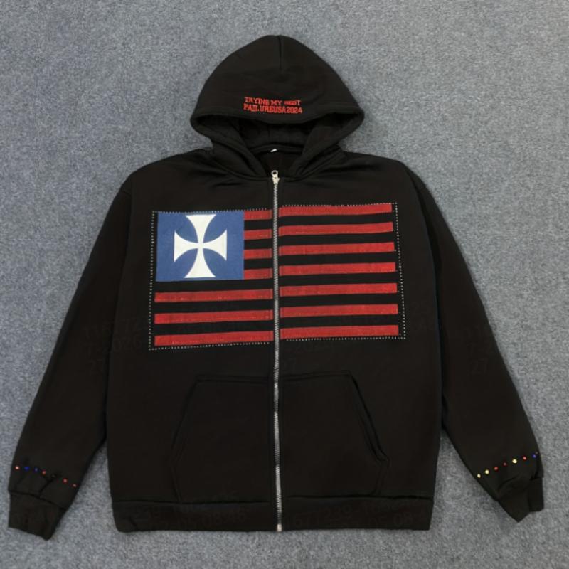 European and American Y2K Letter Printed Pocket Personalized Trend Loose Hooded Hip-hop Cardigan Sweatshirt