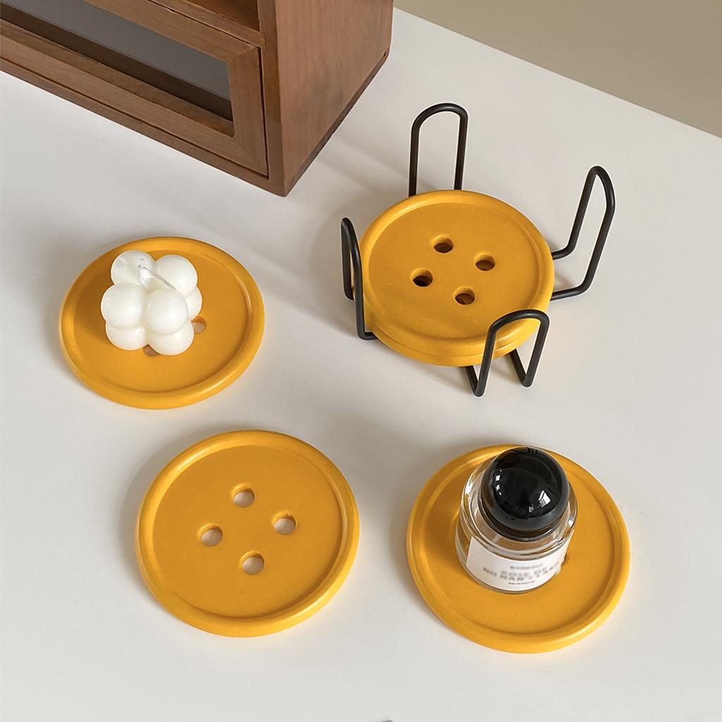 6-Piece Original Colorful Button Coaster Set with Cross-Shaped Iron Rack Coaster Holder Dopamine Round Wooden Coasters Exquisite Coffee Cup Holders