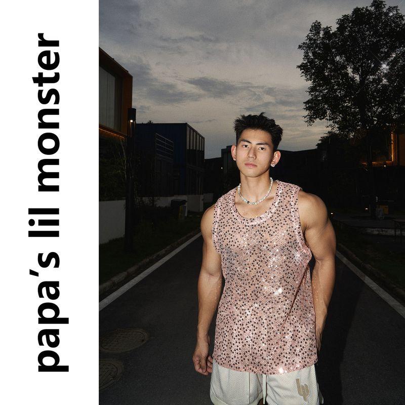 

Lil Monster [Original] Summer Shiny Crystal Sequin American Retro Style Niche Style Cut Out Vest for Men