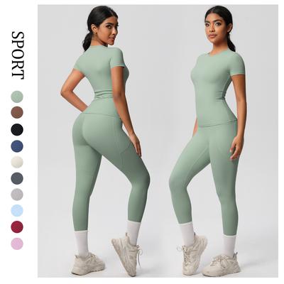 Solid Color Nude Tight Fitting Brushed Yoga Suit, High Waist And Hip Lifting Fitness Quick Drying Running Set, Two-Piece Set For Women