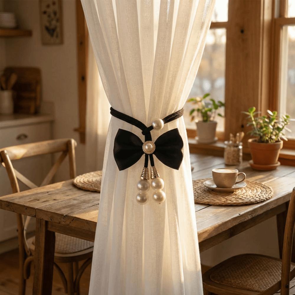 2 PCS Sweet Adjustable Bowknot Curtain Straps Pearl Beautifully Bow Curtain Buckle Elegant Curtains Tie Rope Bedroom