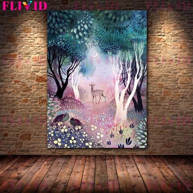Mysterious and Colorful Magic Forest Vintage Mural Art Oil Painting Three Witches Dancing In the Woodland Poster