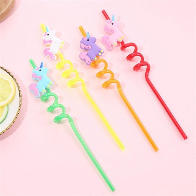 Pack of 4 Reusable Unicorns Straws Animal Theme Plastic Drinking Straw for Kid Baby Shower Birthday Party Supplies Gift