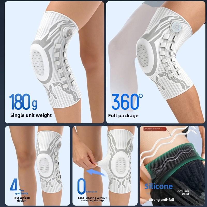 Rotationsartiger Knieschoner für Laufen im Freien und Fitness, mit Federunterstützung, Silikon-Stoßdämpfung und gestrickten Kniebereichen.