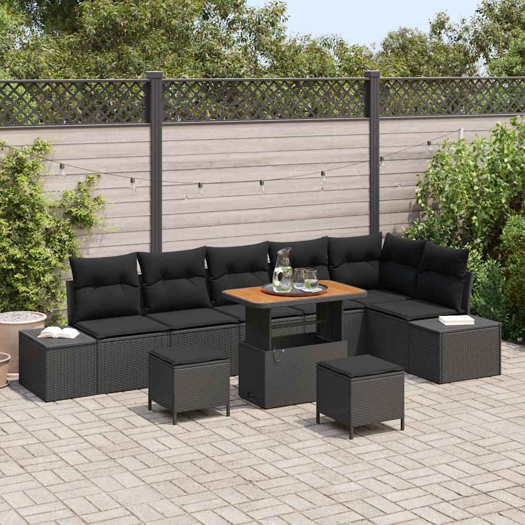 Garden Sofa Set with Cushions 9 pcs Black Poly Rattan