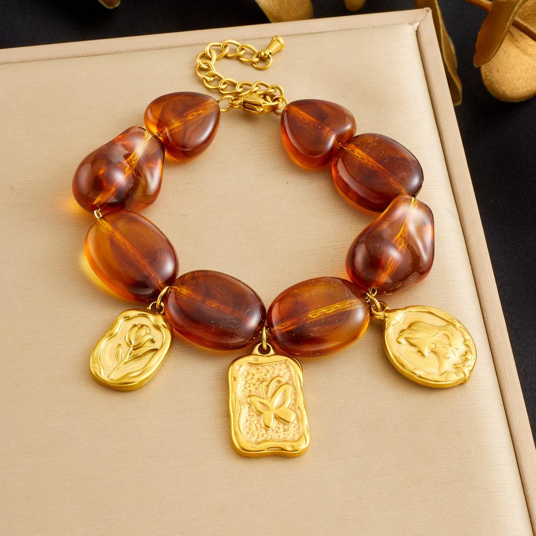 Винтажный набор подвесок с прозрачными кофейными бусинами, позолоченный, с цветочным и бабочковым дизайном