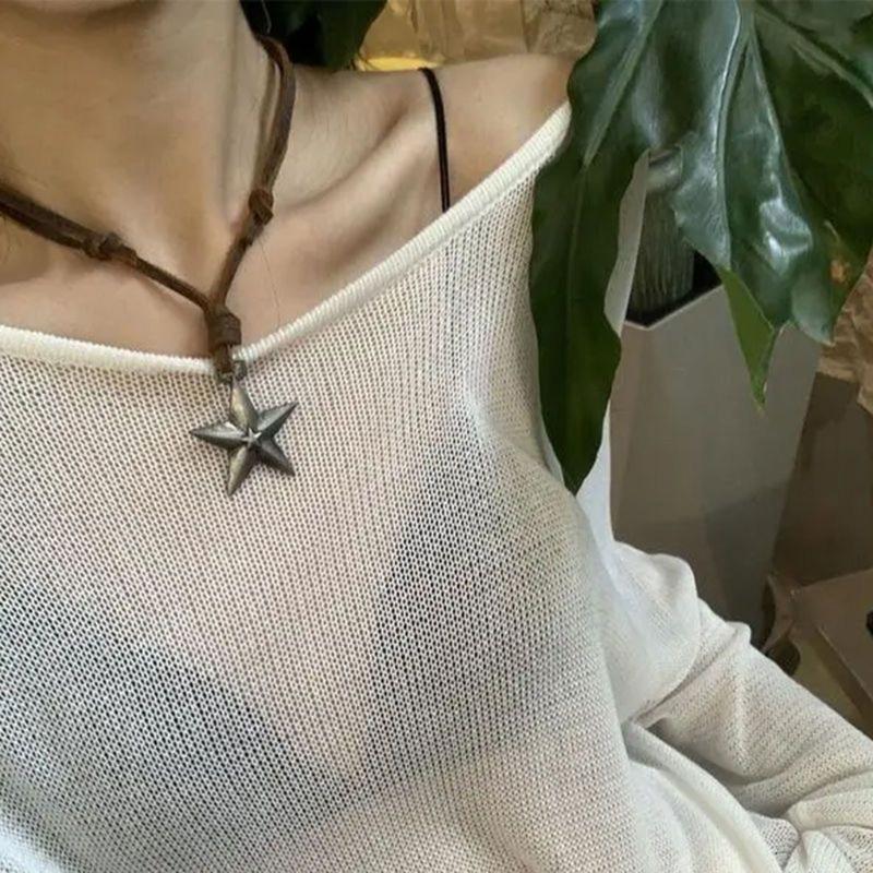Adjustable Leather Rope Star Pendant Necklace for Women Vintage Ethnic Style Boho Necklace Harajuku Jewelry Accessories