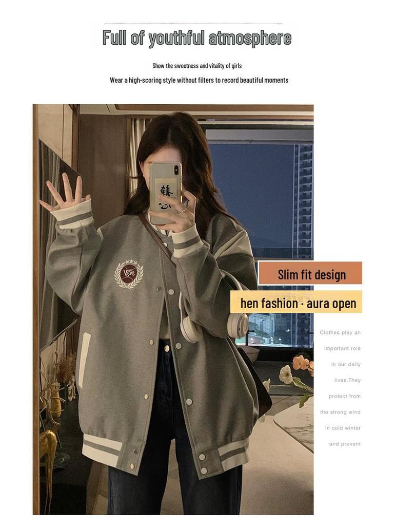 Damska szara kurtka baseballowa w stylu retro college - Wiosna/Jesień 2024: Nowy design z łączeniem, swobodny stójkowy kołnierz.