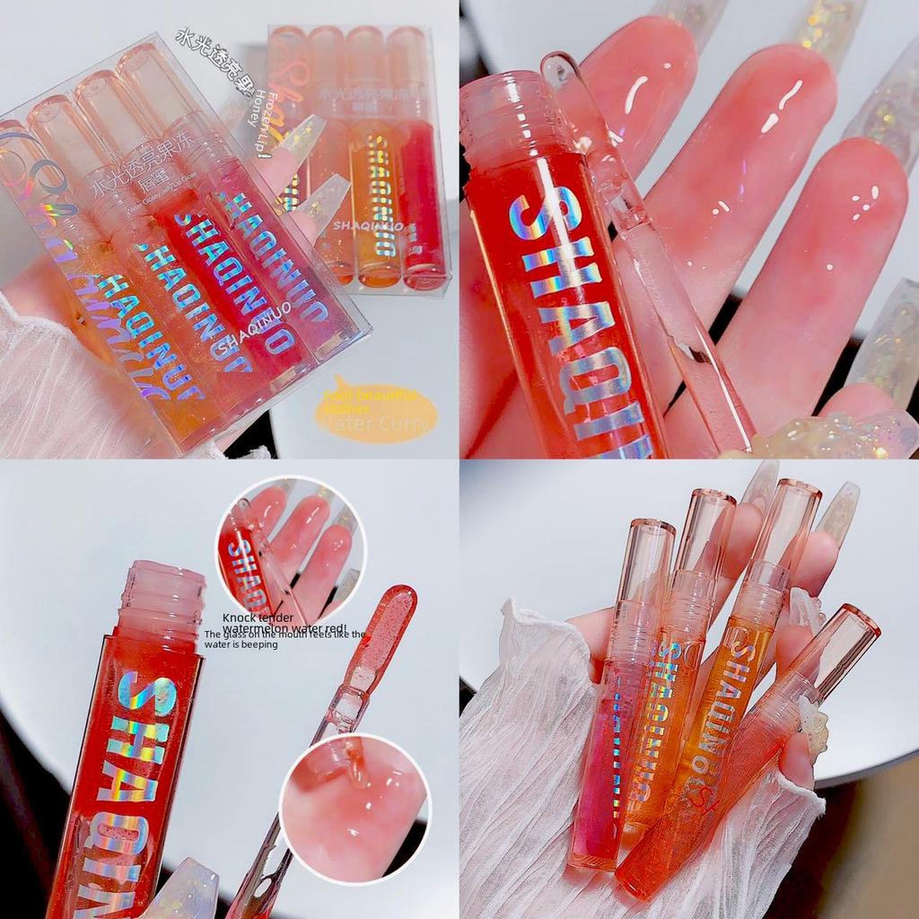 4-teiliges Watery Bobo Lippenpflege-Set: Transparenter Glanz, Lippenöl, Feuchtigkeitsspendender Lippenstift für Schüler