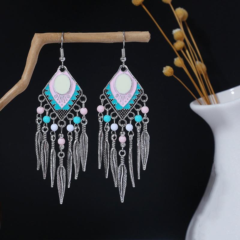 Rhombus colored beaded feather long fringed earrings, high-end retro contrasting color temperament earrings women