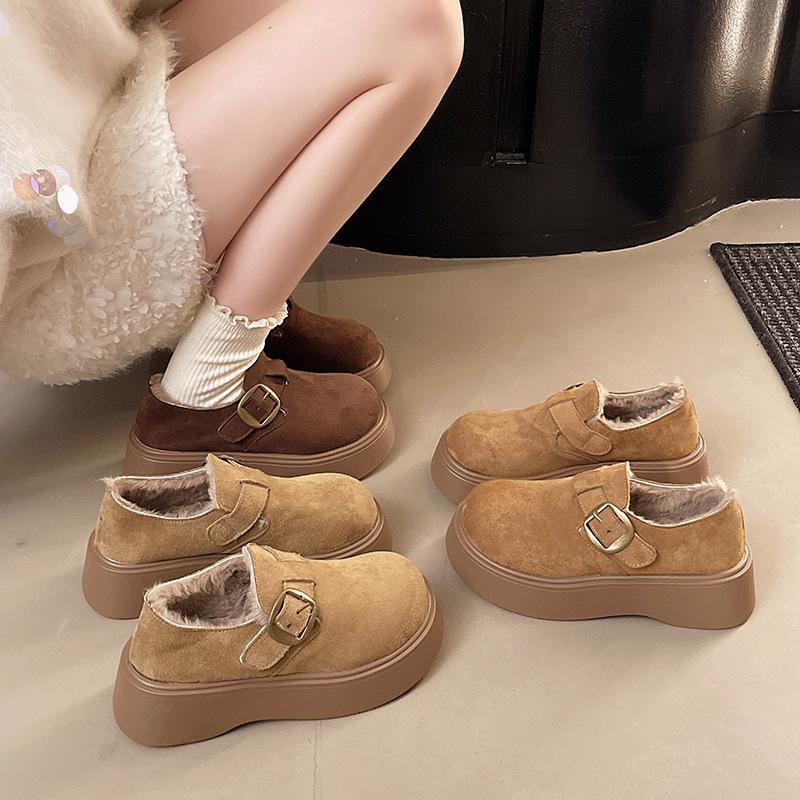Fur Integrated Retro Birkenstocks Women's Winter New Heightening Thick-soled Fluffy Shoes Women's Loafer Velvet Warm Cotton Shoes