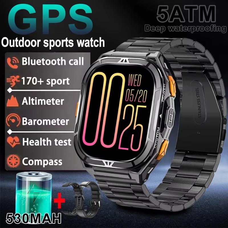 New GPS Track Smart Watch Men 5ATM Waterproof 1.96" Always Display Compass Heart Rate 530mAh Battery BT Call Smartwatch
