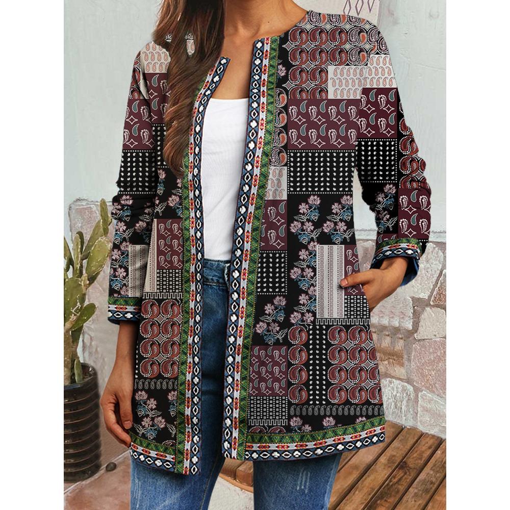 GMXIA Herbst Winter Vintage Ethnischer Stil Druck Übergröße Jacke Strickjacke Damenbekleidung