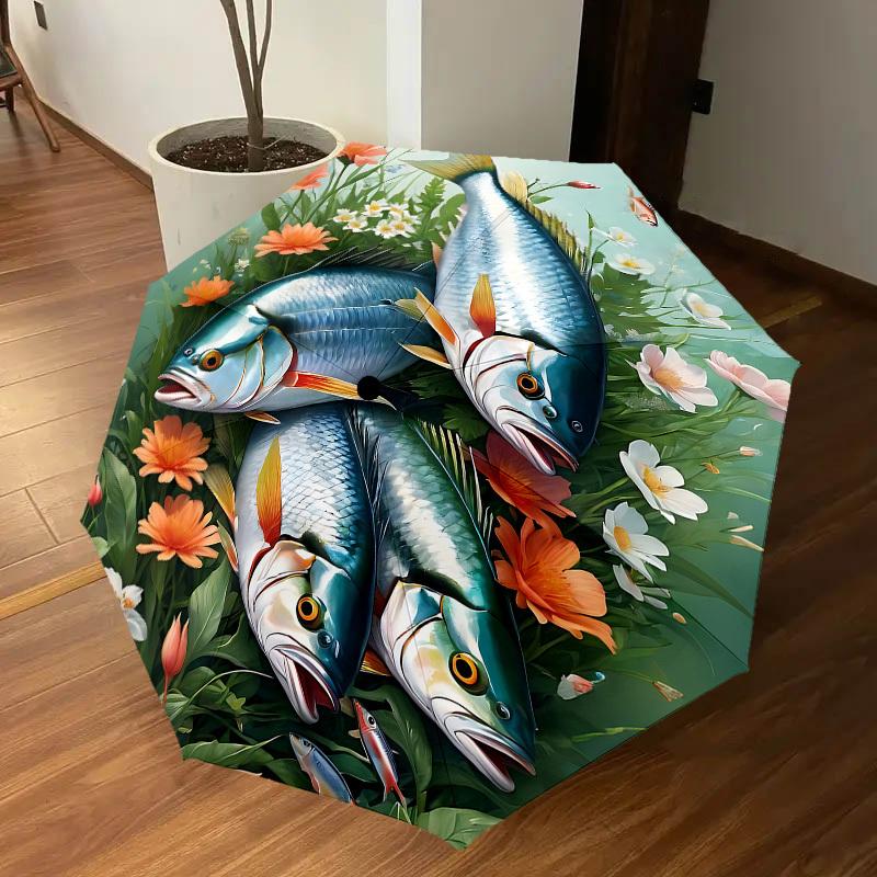1PC fishes flowers Automatic Open/Close Umbrella with Windproof, 8-Rib Sturdy Canopy, Durable Ribs, Fashionable Design, Outdoor Accessory, Fun Prin, H