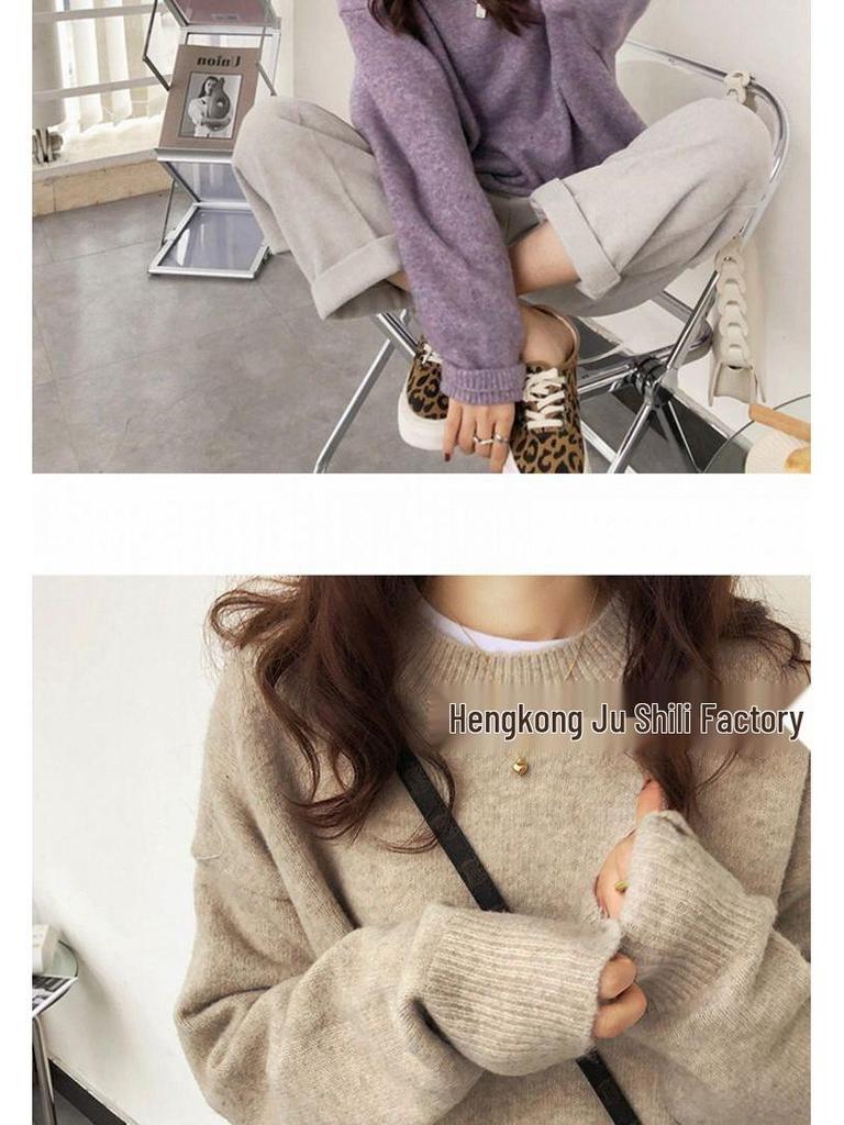 Damski luźny sweter retro z dzianiny - Okrągły dekolt, gładki kolor, miękki i gruby na jesień/zimę 2025