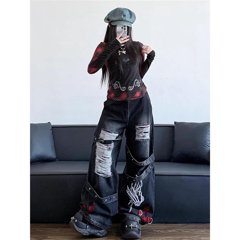 Gothic Punk Style Ripped Wide-Leg Jeans for Women