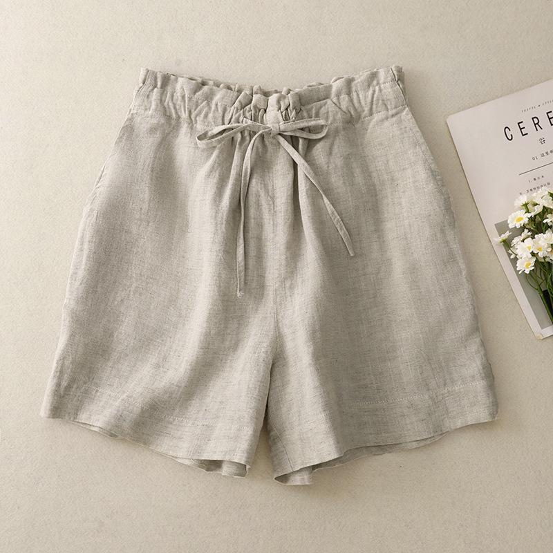 Summer thin cotton and linen literary loose casual wide-leg pants a-word high-waisted shorts women