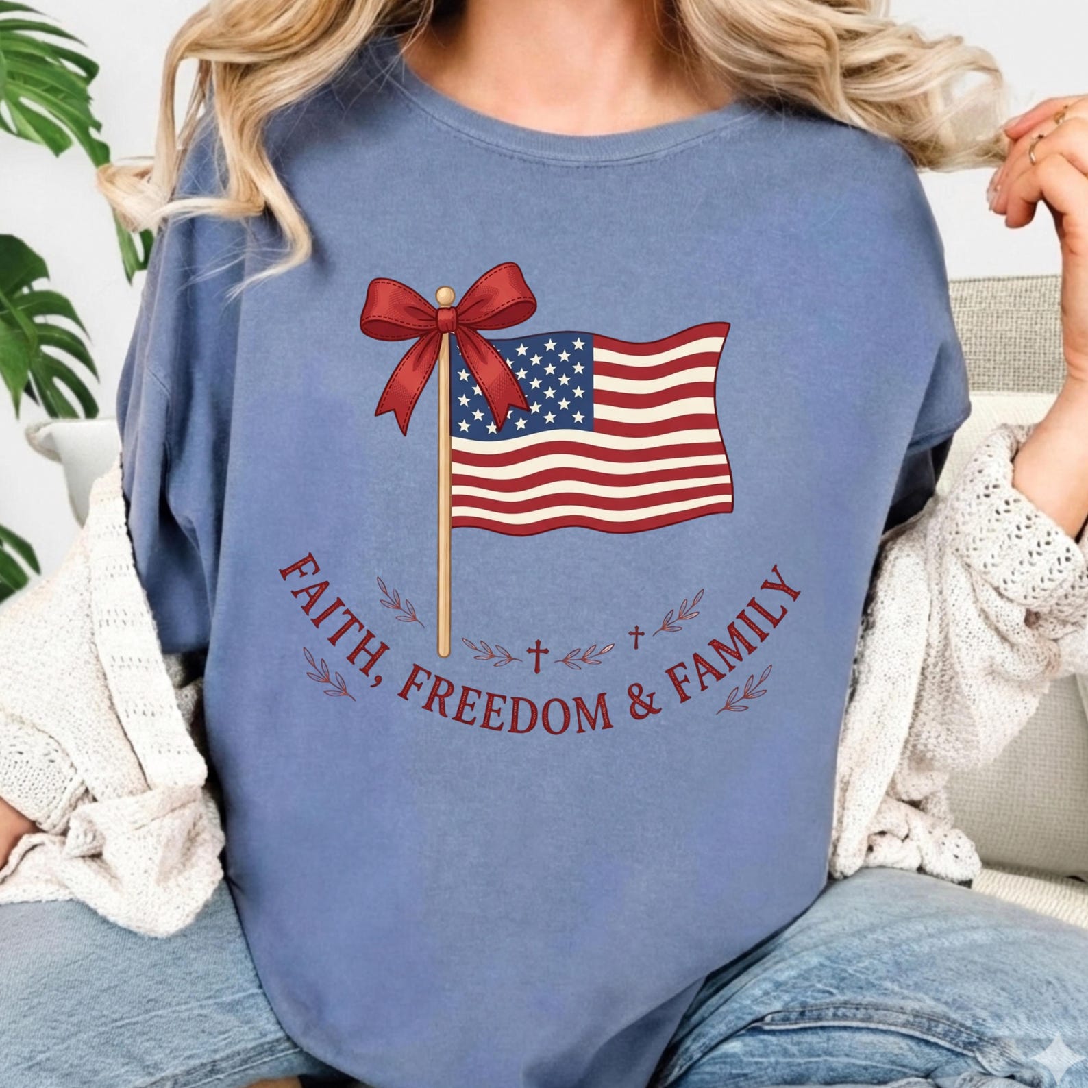 Comfort Colors 4th of July Bow Tee, Patriotic USA Flag Shirt, Loves Jesus America Coquette Summer Graphic T-Shirt 2XL