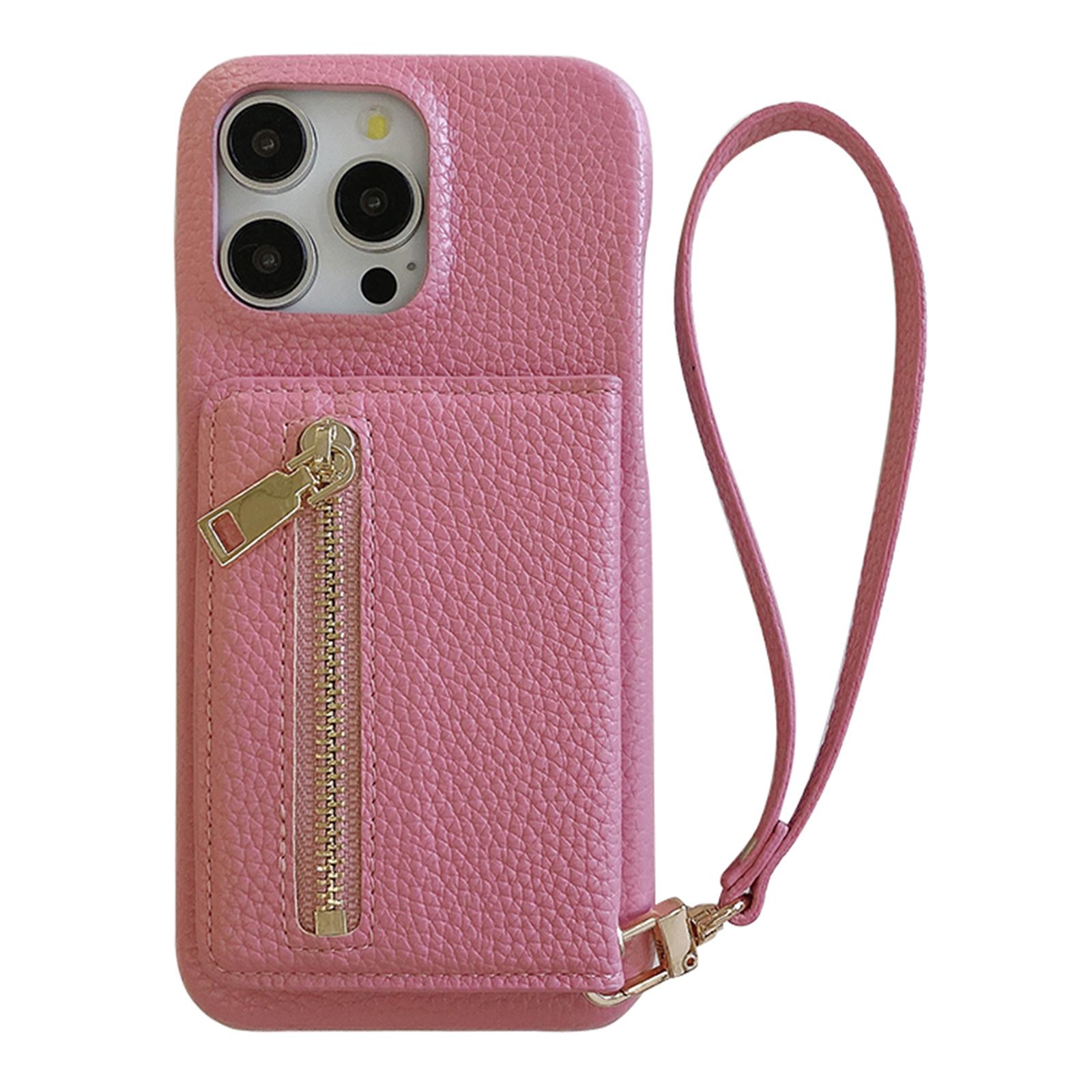 

For iPhone 15 Pro Max Case Card Slots Kickstand PU Leather Back Cover with Zipper Pocket,Wrist Strap Pink