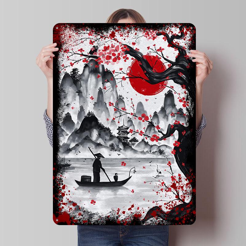 Japanese Bay Ink Wash Tinplate Poster Customized Wall Art Vintage Metal Signs Retro Tin Plaque for Gaming Room Decoration Cozy