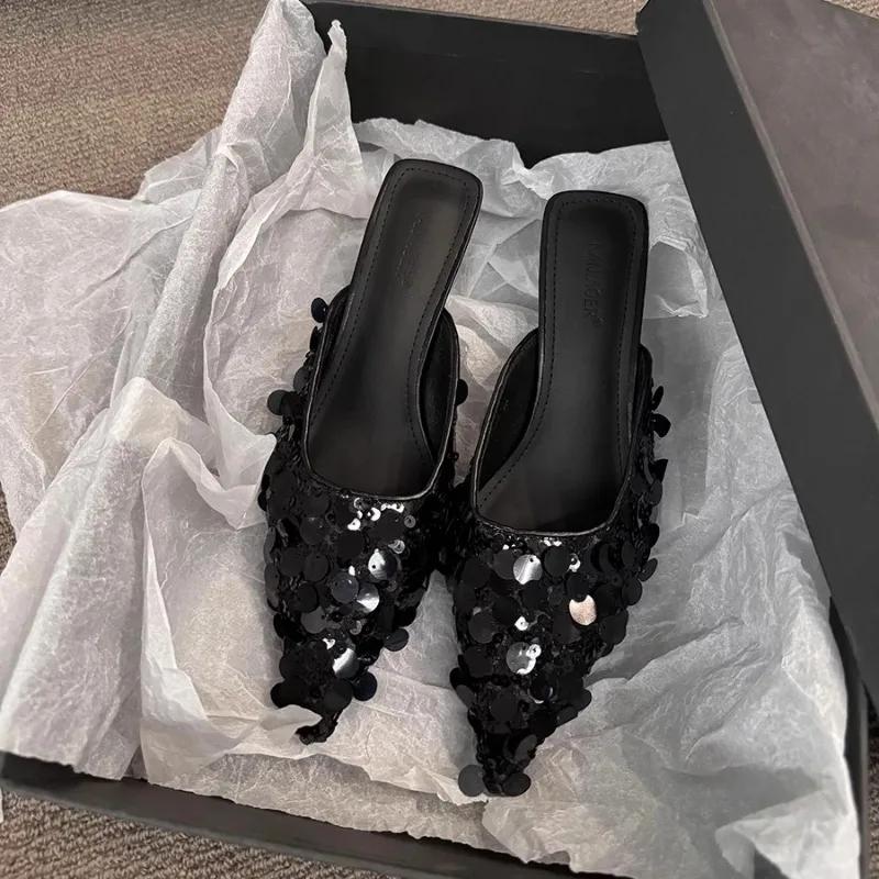 Fashion 2025 Thin Heel Bling Sexy Women Slippers Mules Shoes Dress Party Sandals Summer Flip Flops Casual Walking