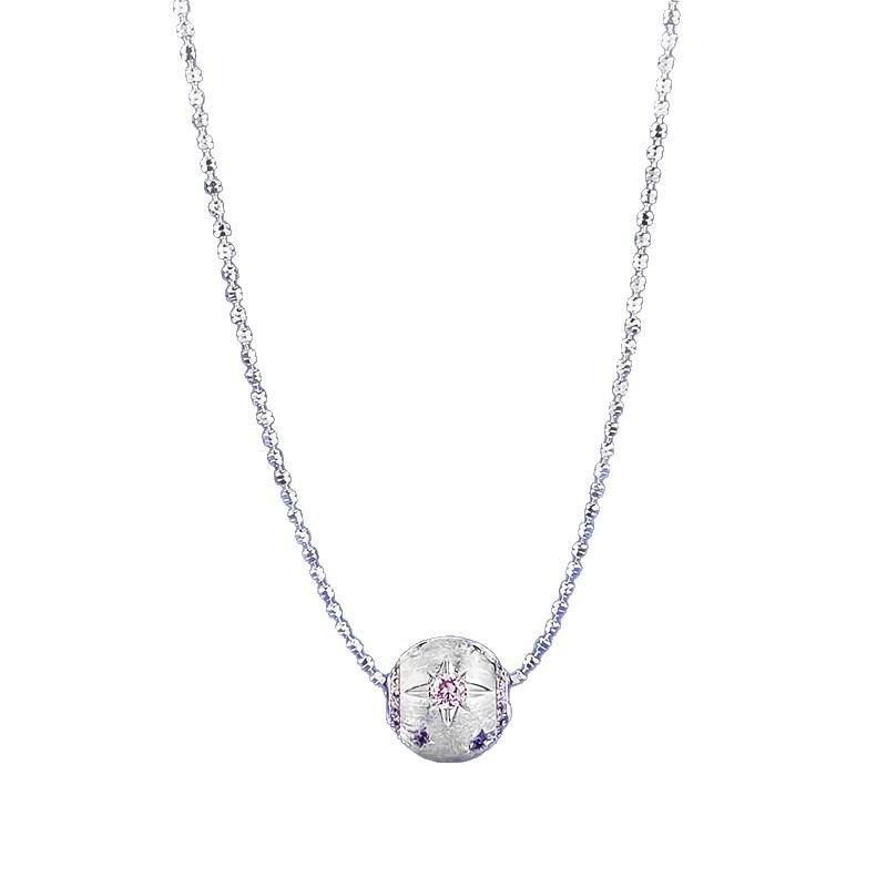 Xian Can S925 Silver Pink Zircon Brushed Ball Necklace for Women - Elegant Daily Jewelry