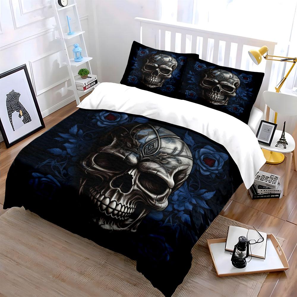 Skull with blue roses. Bedding sets Duvet cover sets Duvet covers Pillowcases(1 * Duvet Cover 2 * Pillowcases without duvet insert)