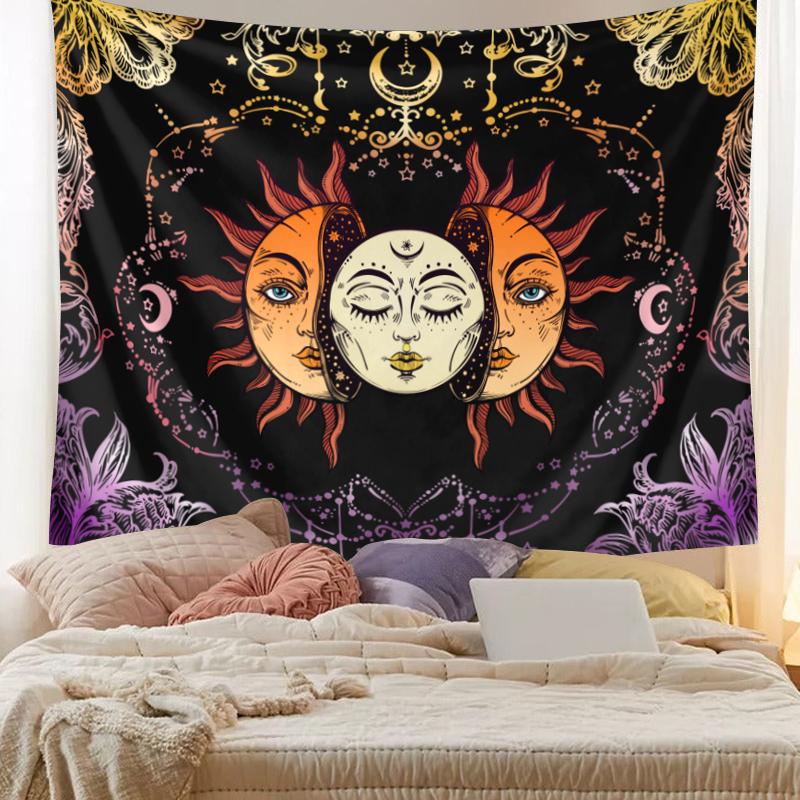 1pc Sun, Moon, Hippie Style Tapestry, Colorful Lunar Phase Tapestry, Bohemian Decorative Wall Hanging for Bedroom Decoration