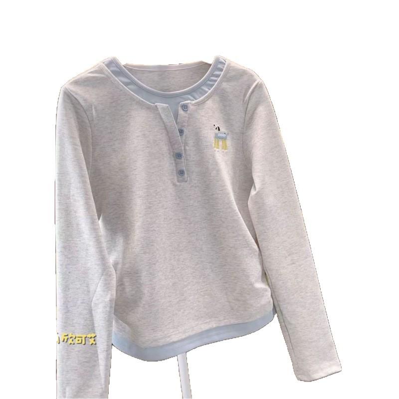 Girls Faux Two Piece Long Sleeve T Shirt Spring Autumn Casual Round Neck Top For Big Kids Students