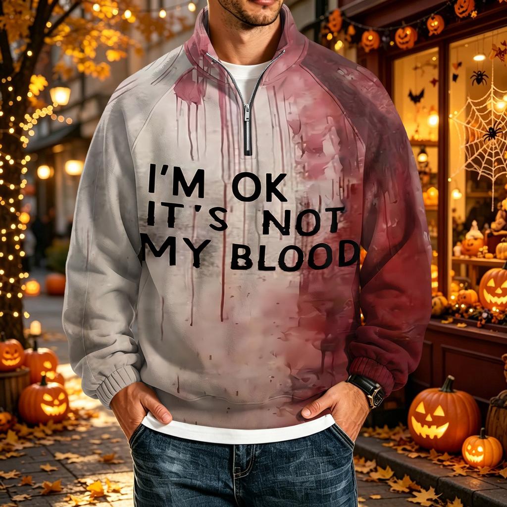 Men's Halloween Print Raglan Sweatshirt Loose Fit Stand Collar Casual Top