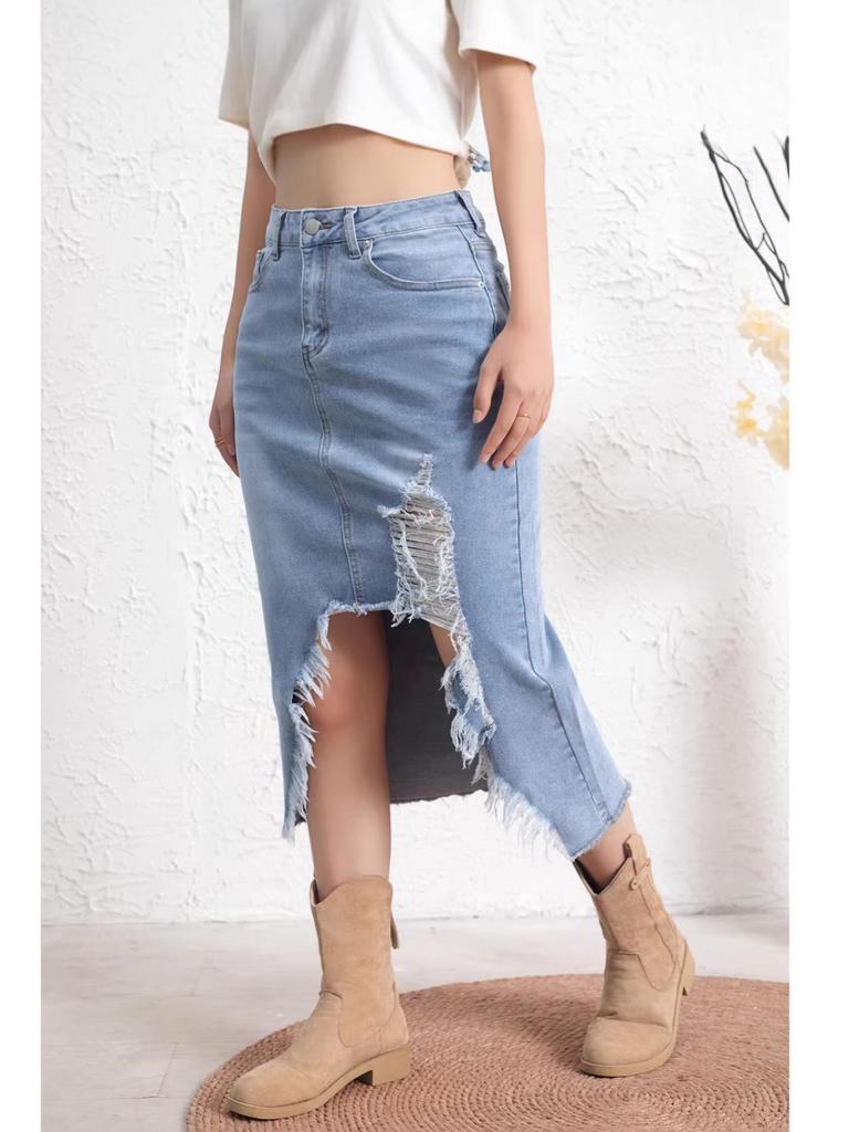 Women's Cross-Border Distressed Denim Skirt - American Retro Style