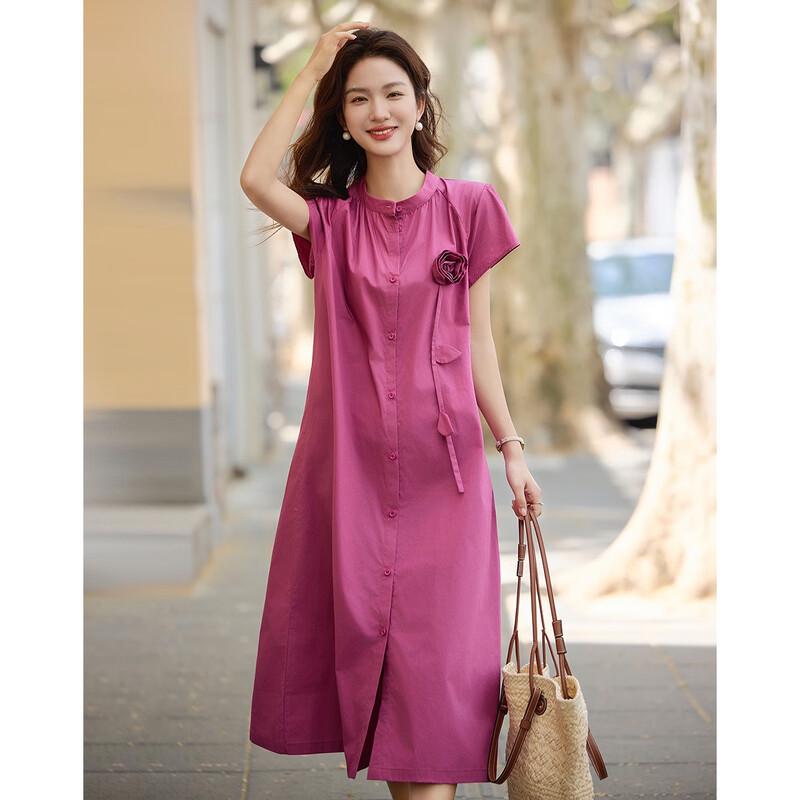 Demana 'Little Rose' Summer Cotton Round Neck Short Sleeve Midi Dress