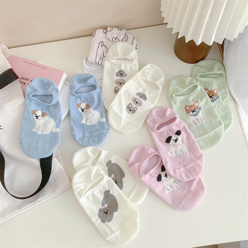 Spring and Summer Cute Little Animal Boneless Boat Socks for Girls, Cartoon School Style Pure Cotton Short Tube Anti-slip Invisible Socks