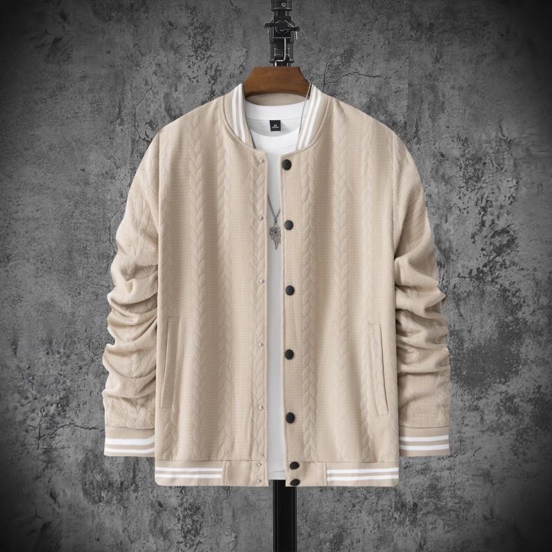 Mens Winter Casual Knit Baseball Jacket With Jacquard Single-Breasted Stand Collar Slim Fit