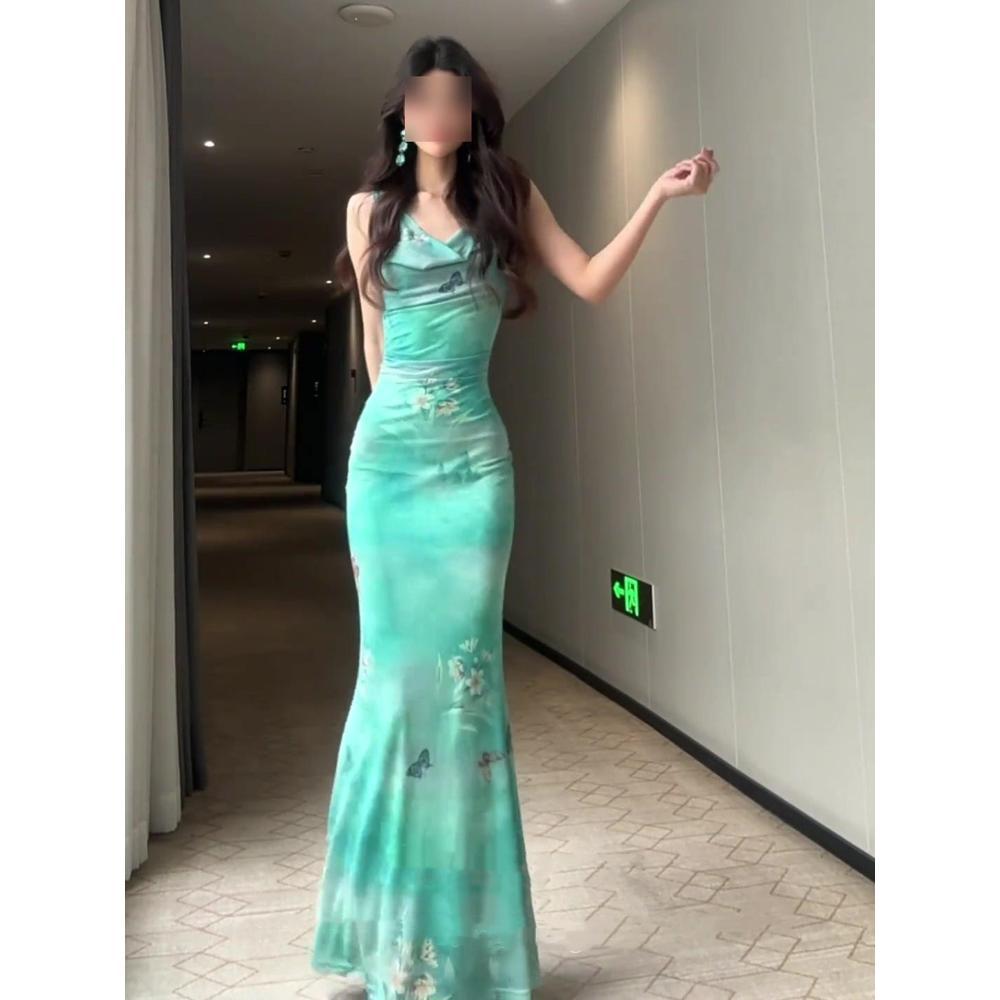 French green print swing neck suspender dress women's summer seaside vacation beautiful slim fish tail hip wrap dress