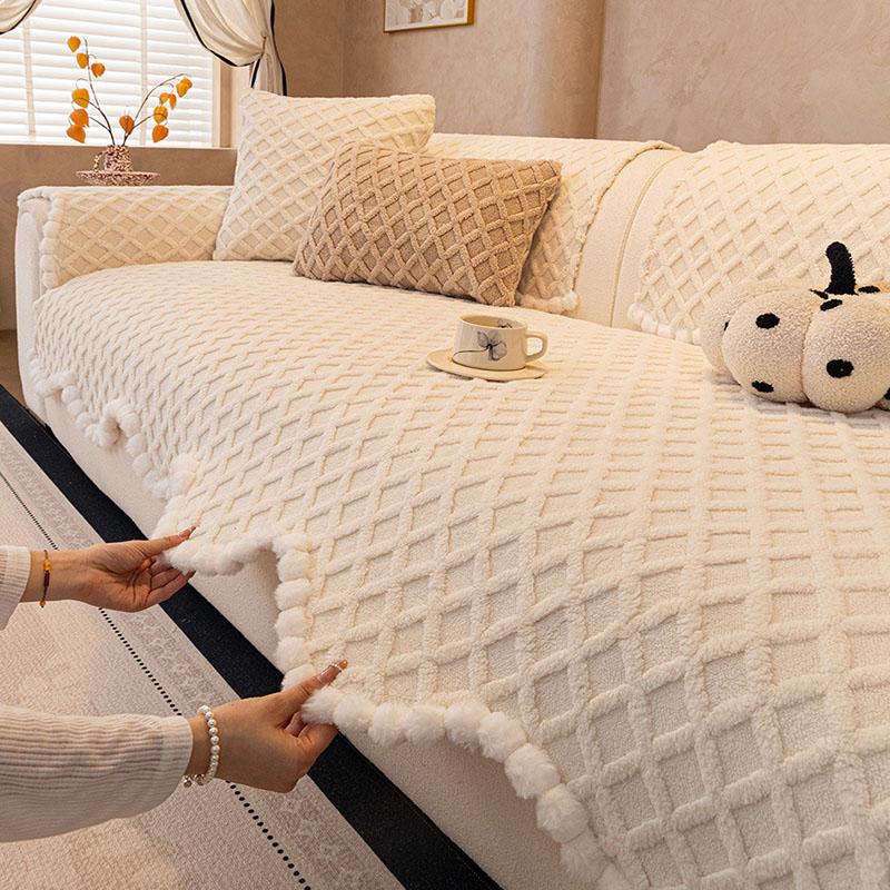 French Solid Plaid Jacquard Sofa Cover Super Soft Anti-Slip Dust Cover For Living Room Warm Plush Autumn And Winter Sofa Cushion