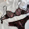 French Heart Print Transparent Lingerie Set Ultra Thin Underwire Bra Lace Sexy Push Up Gathering Small Breast Boost Hot Selling