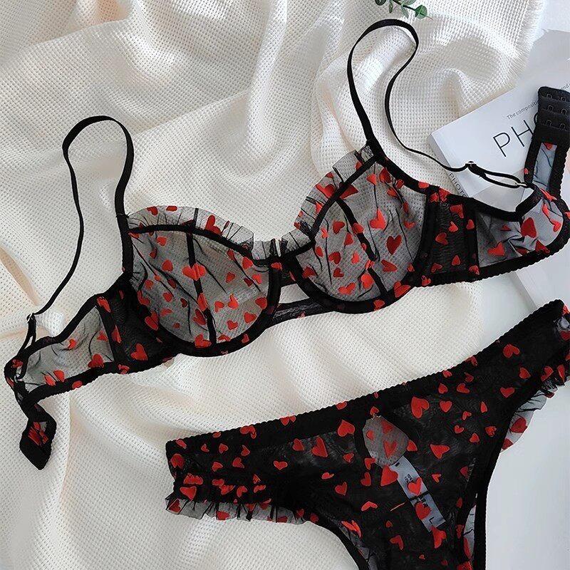 French Heart Print Transparent Lingerie Set Ultra Thin Underwire Bra Lace Sexy Push Up Gathering Small Breast Boost Hot Selling