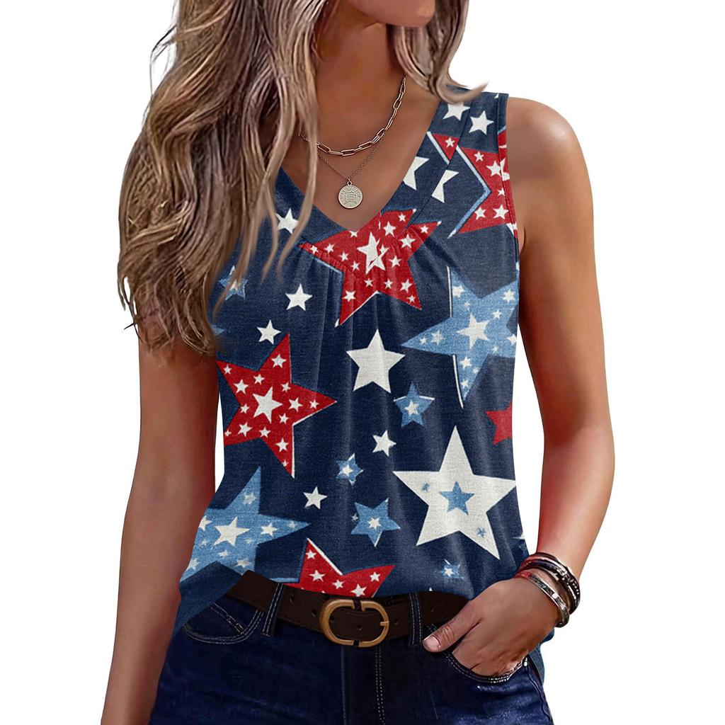 V-Neck Tank Top Women Print Tank Tee Casual Loose Fit Sleeveless Shirt