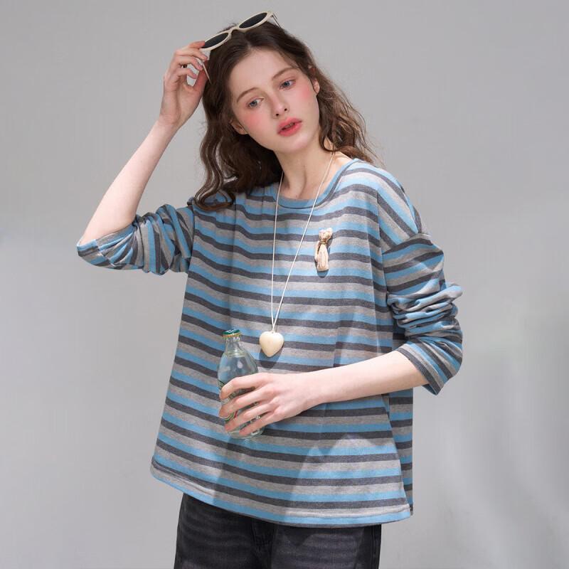 Korean-Style Oversized Color-Block Striped Crew Neck Long Sleeve T-Shirt