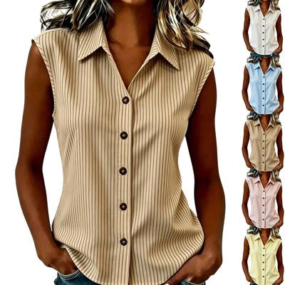 Camisa sin mangas con cuello y botones para mujer con estampado de rayas verticales, corte clásico para uso casual o de oficina