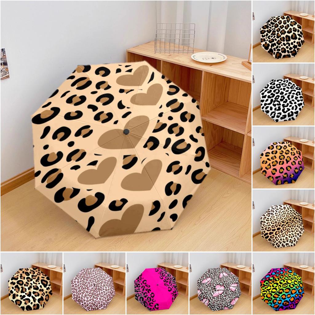 1PC Leopard Print Umbrella Portable Folding Umbrella Iron Frame Hole Bone Structure Outdoor Home Umbrella A7