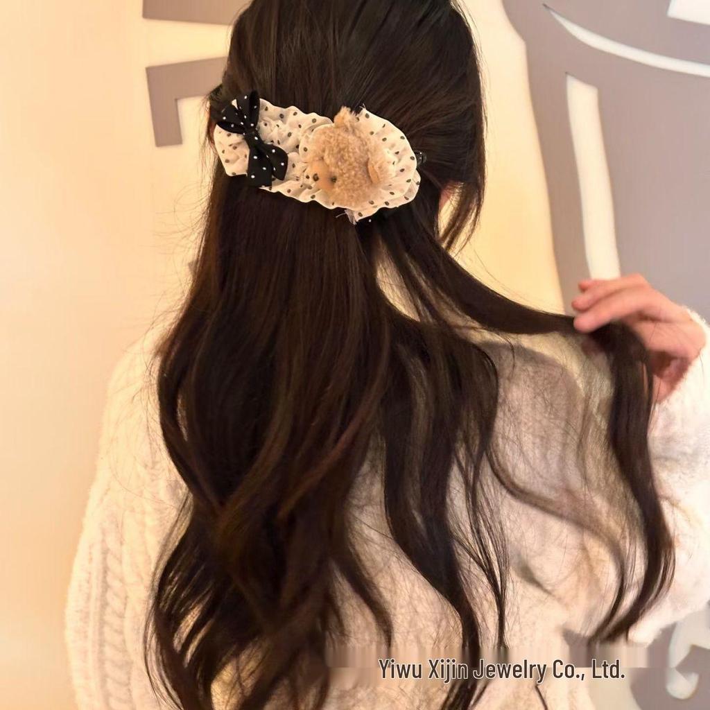 Polka Dot Banana Clip Teddy Bear with High Ponytail - Cute Autumn/Winter Academy Style