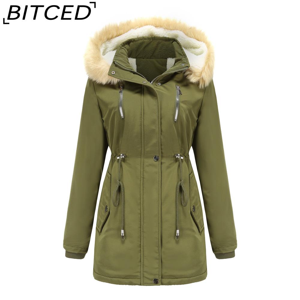 BITCED Autumn/Winter Women's Thickened Shearling-Lined Cotton Coat Loose-Fit Cotton Jacket with Detachable Hood and Fleece Lining