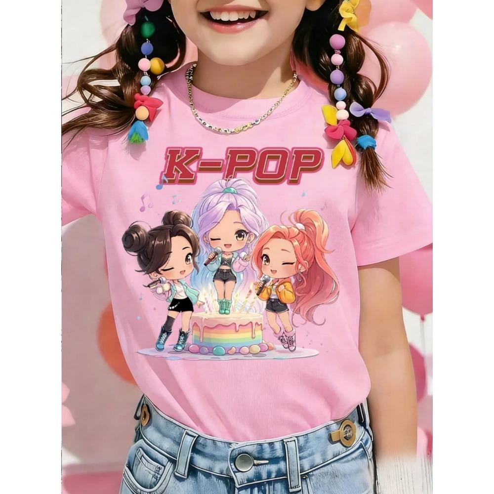 Kpop Cartoon Graphic Girls T-Shirt Casual Round-Neck T-Shirt Suitable for Girls Kids Gift Short Sleeve Tops Children's Clothing
